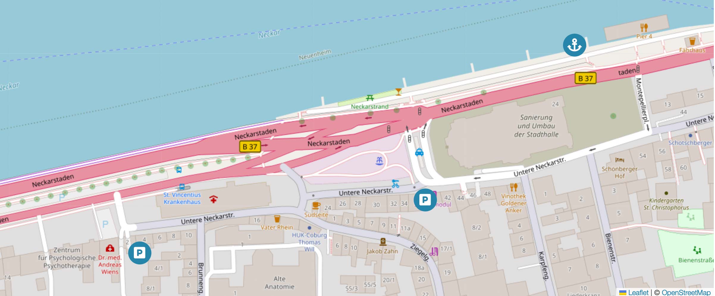 Die Karte zeigt die Parkmöglichkeiten vor einer Bootstour von Riverboat in Heidelberg laut FAQ